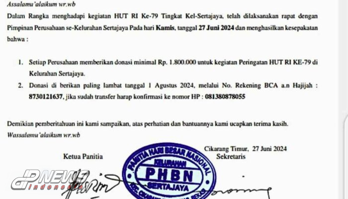 Terkait Surat Sumbangan HUT RI Kelurahan Sertajaya Sekjen JMPD Angkat Bicara